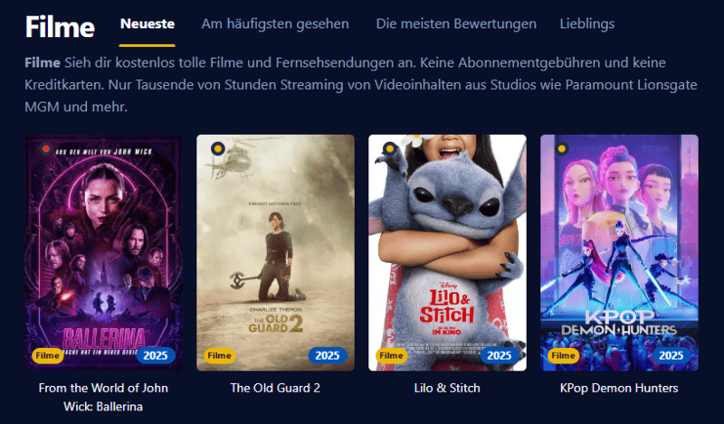 Bildschirmfoto von Einschalten Streaming Plattform mit Filmen und Serien